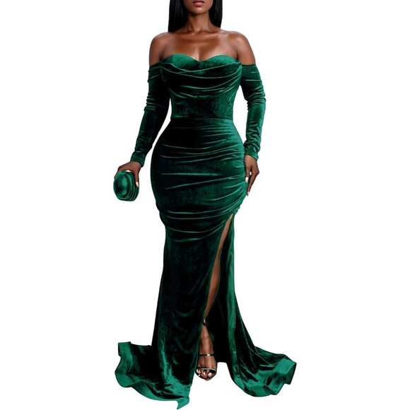 Women Green Dresses Long Sleeve Evening Party Velvet Maxi Dress